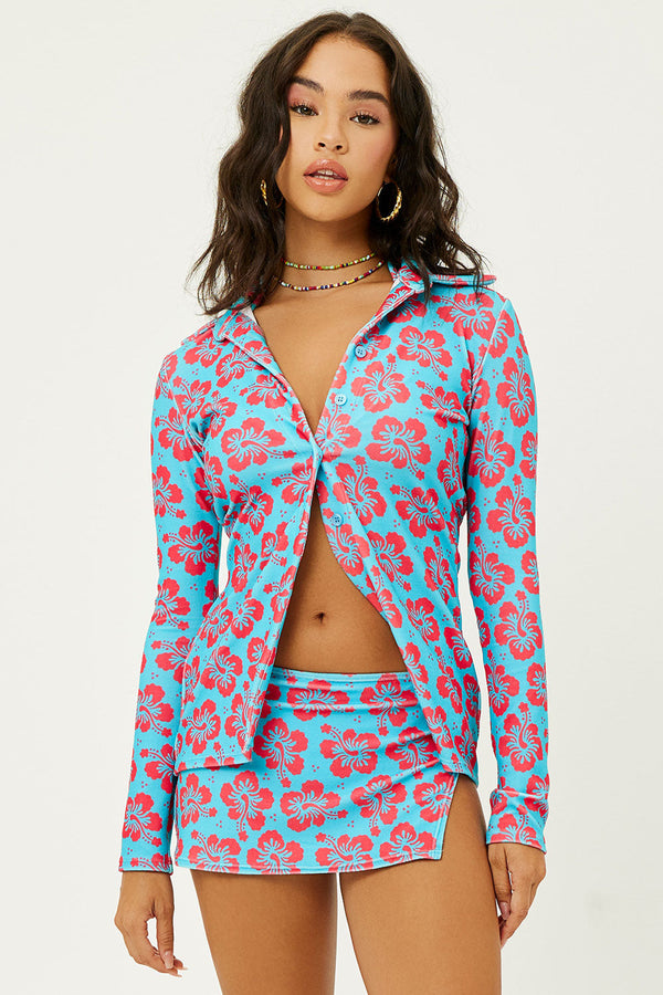 Nova Terry Floral Long Sleeve Button Up - Blue Magic